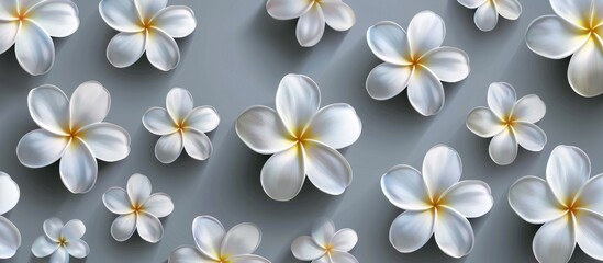 Fototapeta premium Optical illusion design featuring plumeria flowers on gray background. Suitable for interior decor, printing, web, and textile design. Delicate floral pattern seamlessly integrated.