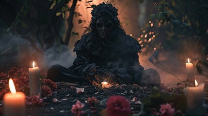 Gothic dark character in costume sitting on the ground with flowers and burning candles - obrazy, fototapety, plakaty