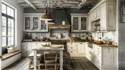 Bohemian Kitchen Design with Distressed White Cabinetry and Artisanal Appliances - obrazy, fototapety, plakaty