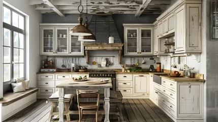 Poster Bohemian Kitchen Design with Distressed White Cabinetry and Artisanal Appliances © Rudsaphon