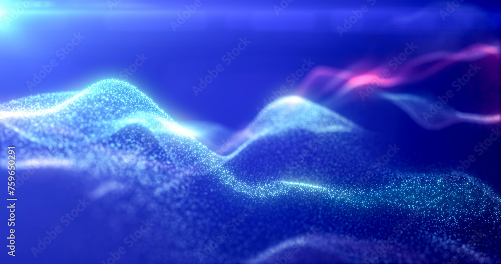 Poster rainbow energy glowing magic waves from particles of lines with light rays. abstract background