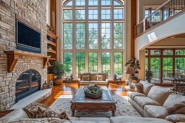 Beautiful living room in luxury home with fireplace