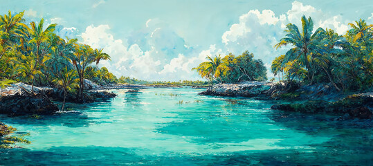 Fototapeta na wymiar Tropical turquoise blue lagoon with exotic palm trees, warm and sunny summer midday island landscape in watercolor like style.
