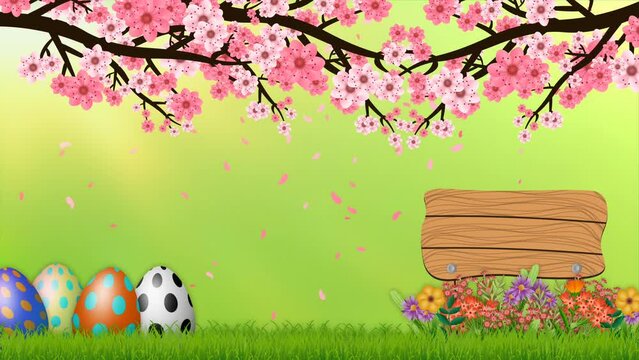 Decorated easter eggs on green spring season background with wooden board. Beautiful easter background.