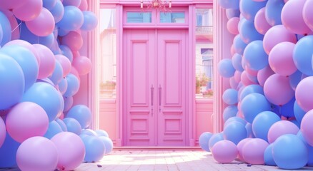 colorful balloons flutter on a pink background near a blue door - 759650635