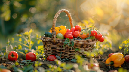 Basket full of fresh vegetables from a sunlit home garden at sunset.