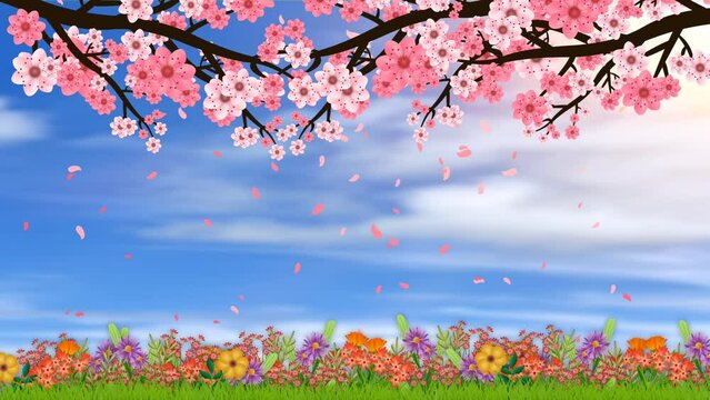Eye pleasing spring season background with colourful flowers and bright sunlight light. Waving colorful flowers animation.