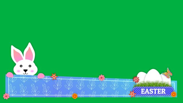 Easter holiday animation with cute bunny and eggs on green screen. Copy space for easter holiday wishes, greetings and blessings.