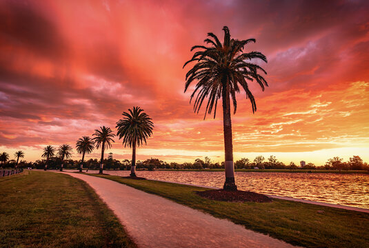 The sunset view of the Albert Lake in Melbourne under the rosy clouds and romantic sky