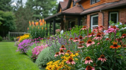 A well-kept house and garden boast vibrant annual and perennial blooms, a colorful and picturesque display