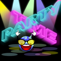 World Party Day event banner. Earth party in nightclub, with disco lights and neon light text to celebrate on April 3rd