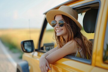 Happy woman enjoying a car journey on a summer road trip, happy young smiling girl wearing sunglasses and a hat sitting on the car window open leaning out from the car door looking at the landscape 