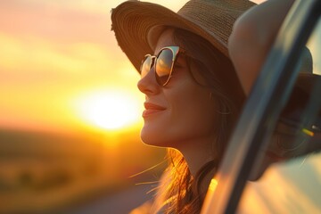 Happy woman in hat and sunglasses leaning out of the window from behind yellow car on country road,...
