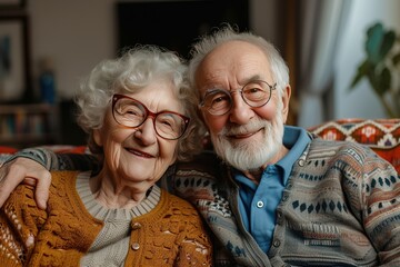 Cheerful senior couple watching TV at home - obrazy, fototapety, plakaty