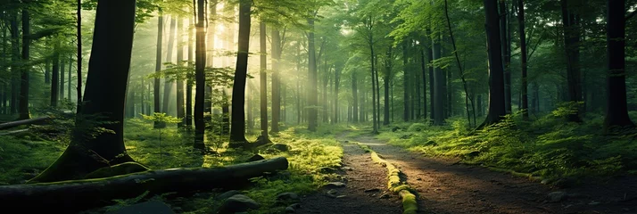 Gordijnen Beautiful forest landscape with sun rays, banner © Svetlana