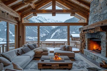 Obraz na płótnie Canvas Cheminée dans l'intérieur d'un chalet de luxe en hiver avec vue sur la montagne et la neige.