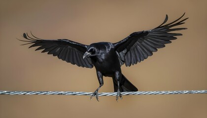 A Crow With Its Wings Outstretched Balancing On A