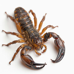 A close-up shot of a Cape marbled scorpion displaying its detailed exoskeleton on a white background.