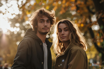 Fototapeta premium A young comfortable European couple in autumn park