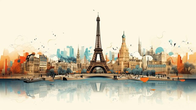 Panoramic view on Eiffel Tower and typical district and buildings in Paris, France, famous travel destination, illustration
