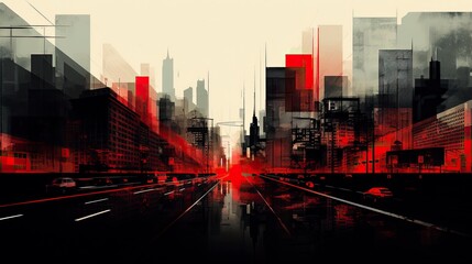 City street digital painting, illustration art in red and black colors