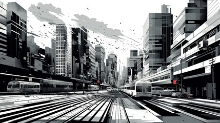 Abstract contemporary city background with streets and buses. Cityscape skyline, dramatic sky. Grey toned 3d illustration