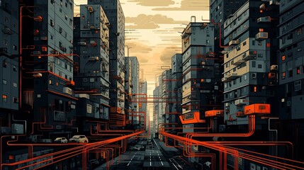 Bright illustration of the city street, digital painting, art in orange, red and black colors. Dusk in downtown, skyscrapers, futuristic concept