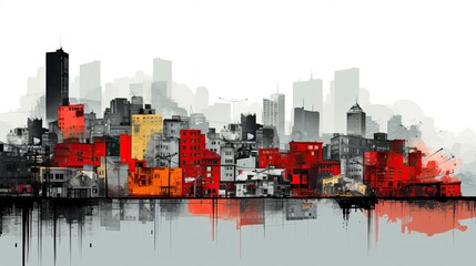 Panoramic view on city with skyscrapers. Architecture of city, travel or postcard concept, graphic concept of typical city, illustration - obrazy, fototapety, plakaty