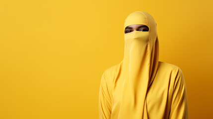smile muslim standing over yellow isolated background. - obrazy, fototapety, plakaty