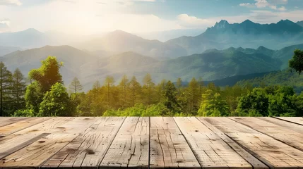 Poster wooden table top with the mountain landscape © Lucky Ai