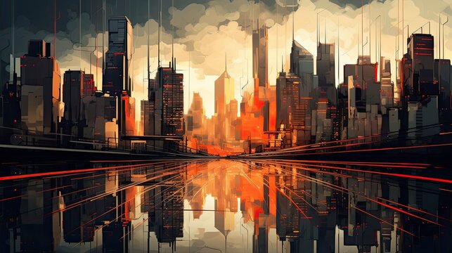 Bright illustration of city street, digital painting, art in orange and black colors. Dusk in downtown, skyscrapers with reflections