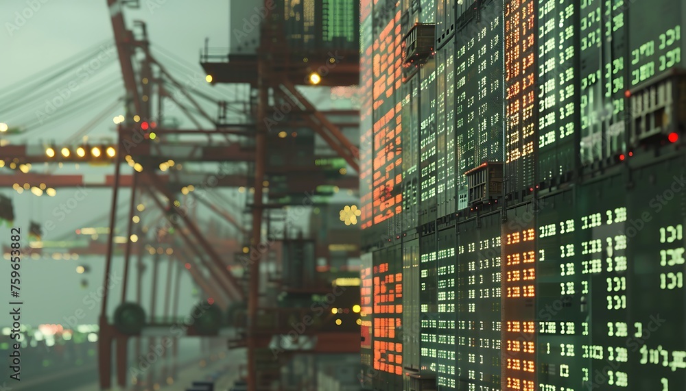 Poster Export-Import Ledger on Tablet with Shipping Containers in Background, A Close-Up View