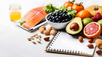 Fototapeta na wymiar Sheet of diet plan and different healthy food ingredients on white table. Dieting