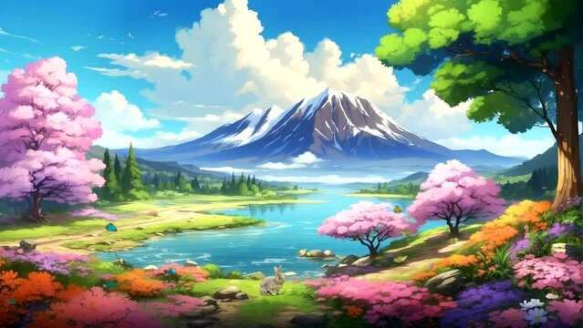 Animation of a beautiful lake with flowers blooming around it, butterflies dancing, in springtime Seamless looping 4k time-lapse animation video background