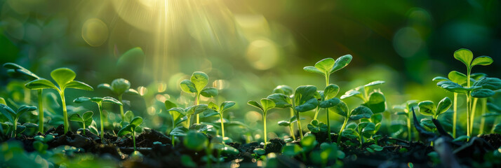 Young plant seedlings grow in rich soil under the warm glow of morning sunlight.
