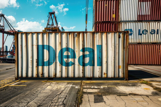 The word Trade on the side of a global shipping container. Business and Deal concept