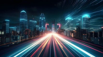 Fototapeta na wymiar Speed light trails path through smart modern mega city and skyscrapers town with neon futuristic technology background