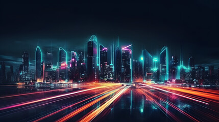 Speed light trails path through smart modern mega city and skyscrapers town with neon futuristic technology background
