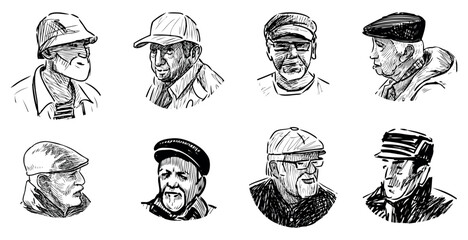 Old men in hats, gray hair, seniors, casual, different, sketch portraits realistic, vector hand drawings isolated on white - 759655428