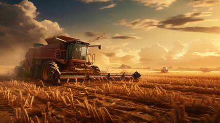 Obraz premium Tractor and combine harvester in the field during harvest.