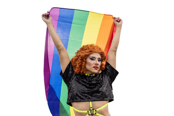 A drag queen with red hair is holding a rainbow flag on transparent background, pride month
