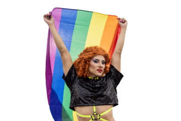 A drag queen with red hair is holding a rainbow flag on transparent background, pride month
