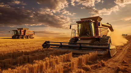 Tractor and combine harvester in the field during harvest.