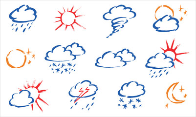 Weather symbols, sun, clouds, precipitation, climate, snow, rain, hail, tornado,thunderstorm, textured contour hand drawings, sign, vector sketches isolated on white - 759655657