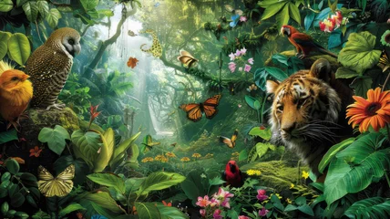 Foto op Plexiglas A painting of a jungle with big cats, trees, and lush vegetation © AlexanderD