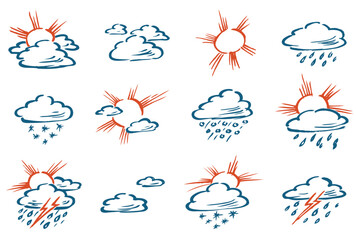 Weather symbols, sun, clouds, precipitation, climate, snow, rain, hail, thunderstorm, contour hand drawings, vector sketches isolated on white - 759655674