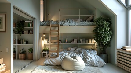 Modern style large bedroom incorporating a lofted sleeping area accessed by a ladder and a cozy reading corner with a bean bag chair