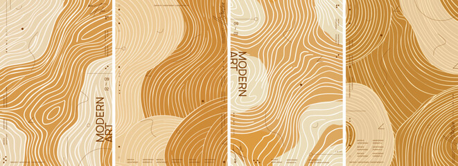 A set of modern abstract posters reminiscent of a topographic map pattern or wood grain texture. Four vector simple illustrations with wavy lines and a beige-caramel color palette.