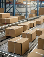 Boxes in warehouse traveling on delivery belt, storage, storage solution, logistics