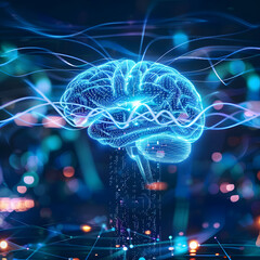 Neon Brain Illustration with Sound Waves generative ai